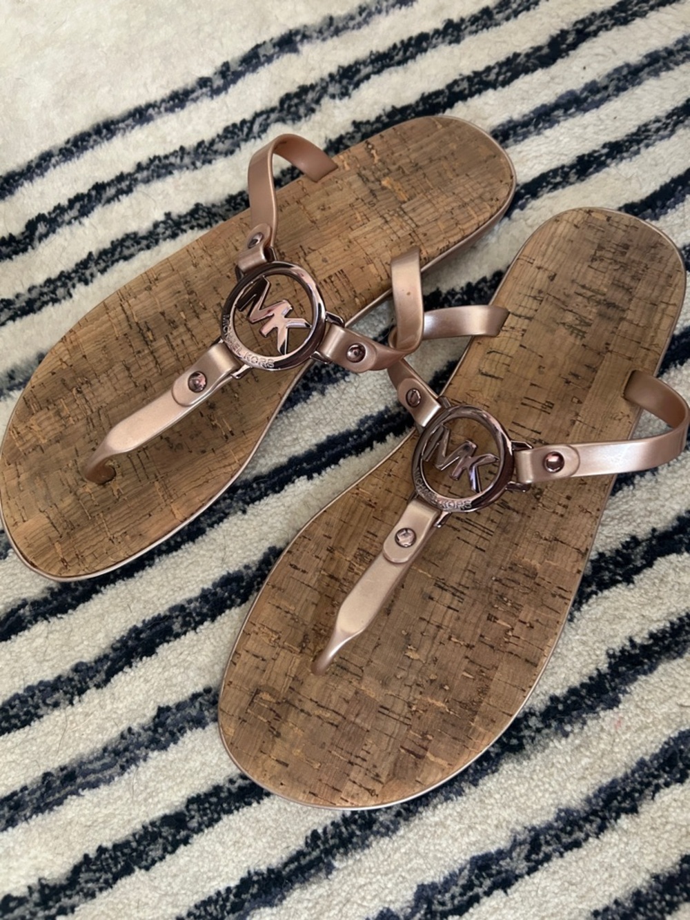 Michael Kors Rose Gold Cork-Print Logo Thong Sandals